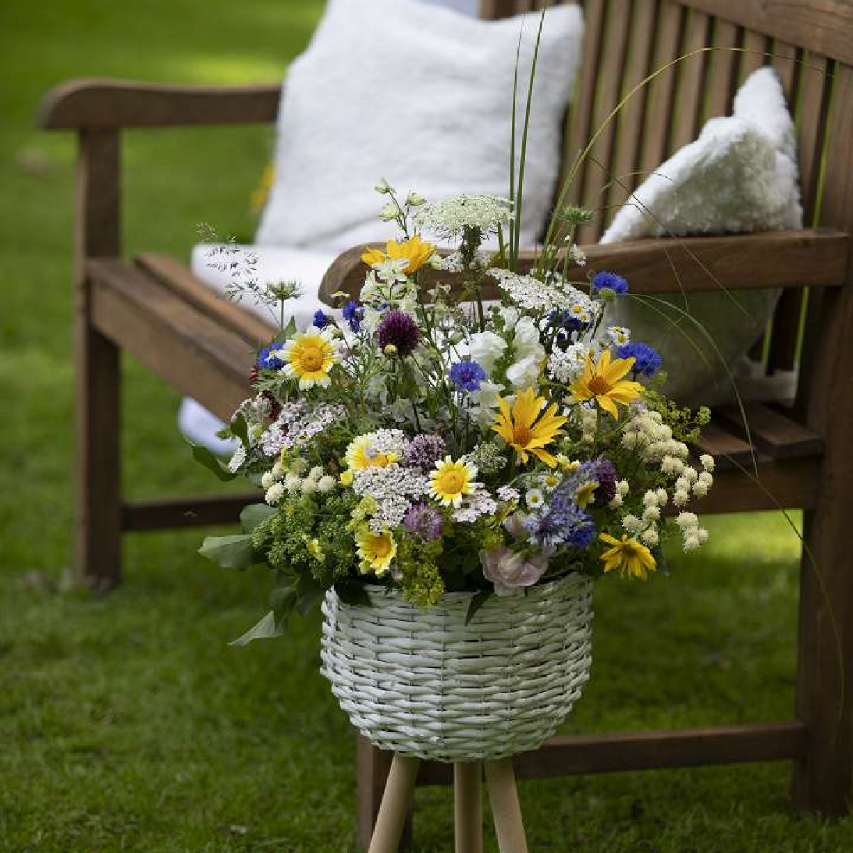 Bank und Topf mit Blumen